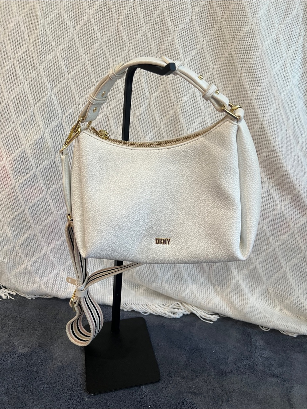 DKNY White Pebbled Leather Shoulder Bag with Gold Hardware